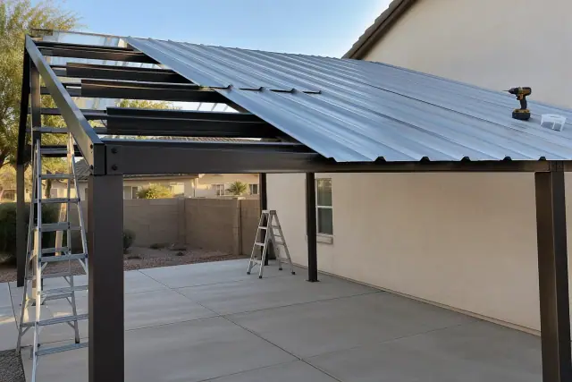 Metal carport roof installation on a concrete slab in Gilbert, AZ.