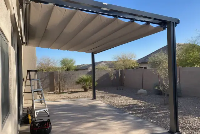 Retractable fabric roof installed on a cantilever shade structure at a home in Gilbert, AZ.