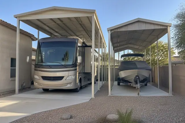 RV and boat carport with metal roof and steel columns installed at a residential home in Gilbert, AZ.