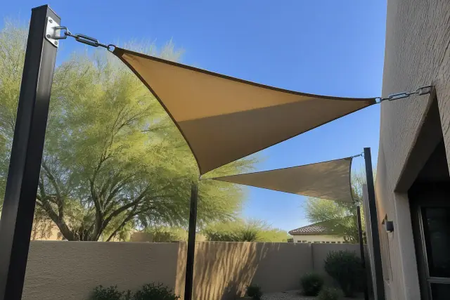 Shade sail installed over an open courtyard in Gilbert, AZ, showing steel anchor posts and tension cables.