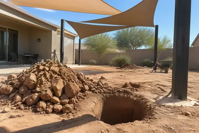 Excavation for a shade sail footing in dense caliche soil at a home in Gilbert, AZ.