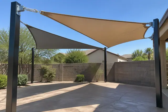 Shade sail installation over a stamped cool-deck patio in Gilbert, AZ.
