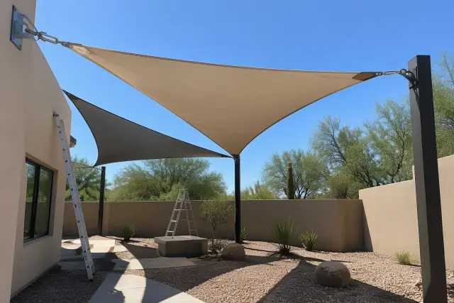Contractor progress photo of a shade sail installation over a courtyard in Mesa, AZ.