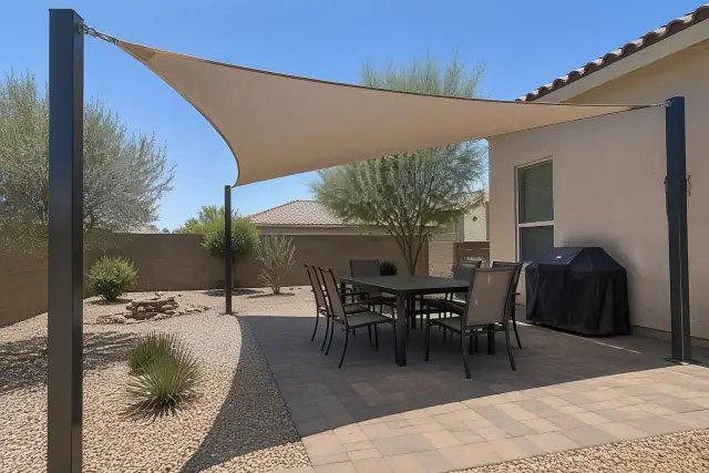 Shade sail installation over a residential pergola in Gilbert, AZ.