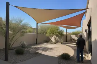 Worker inspecting a finished triangular shade sail installation in a courtyard in Gilbert, AZ.