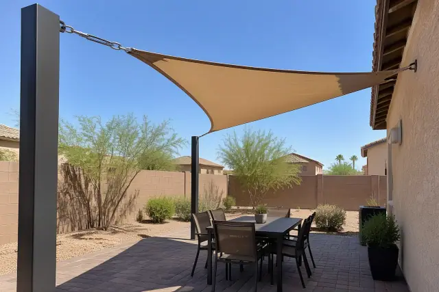 Triangular shade sail tensioned over a backyard patio in Gilbert, AZ.