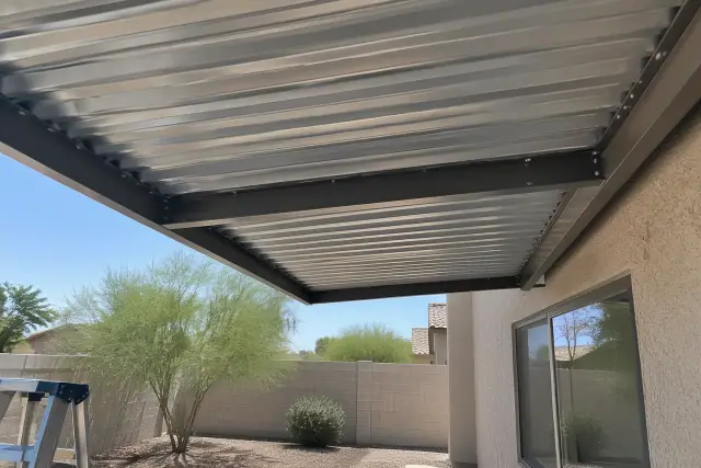 Solid panel coverage for a cantilever shade structure at a home in Gilbert, AZ.