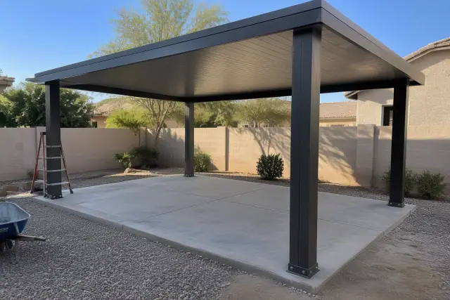 Solid-roof ramada construction with heavy posts in a Gilbert, AZ backyard.