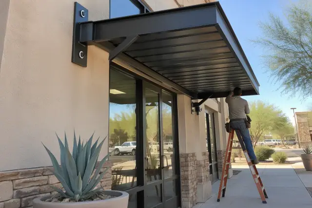 Storefront canopy installation on a commercial stucco wall in Gilbert, AZ.