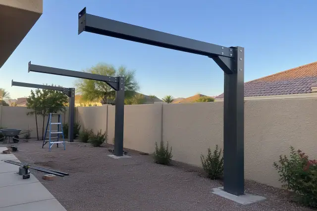 Structural aluminum frames for cantilever shade structures installed at a residential property in Gilbert, AZ.