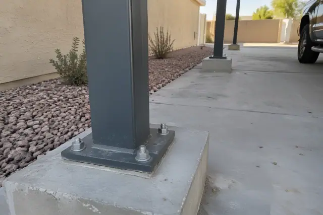 Steel base plate and concrete anchors for a wind-rated carport in Gilbert, AZ.
