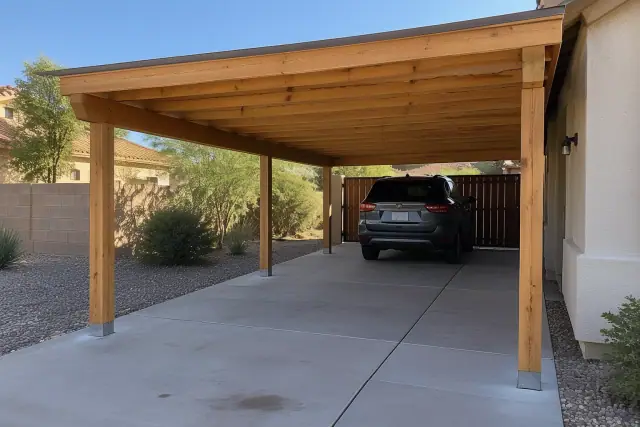 Wood carport installation with exposed timber posts on a concrete driveway in Gilbert, AZ.