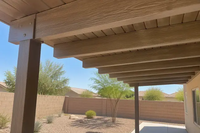 Wood-grain Alumawood patio cover installation in Gilbert, AZ, showing aluminum rafters and mounting brackets.