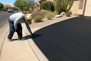 Technician inspecting the edges of a freshly sealcoated dark asphalt surface in Goodyear, AZ.