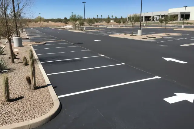Freshly painted white parking stall lines and traffic arrows on an asphalt lot with desert landscaping in Goodyear, AZ.