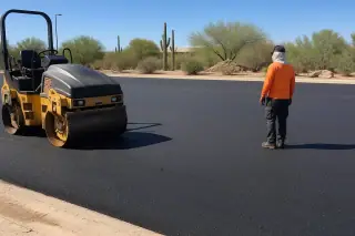 Worker inspecting smooth, freshly compacted asphalt with desert cacti in the background in Goodyear, AZ.