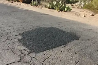 Compacted asphalt filling a pothole on a sunlit road bordered by prickly pear cacti in Goodyear, AZ.