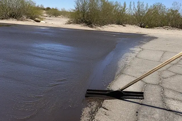 A worker applying dark liquid sealcoat to an asphalt driveway with a squeegee in Goodyear, AZ with desert bushes nearby.