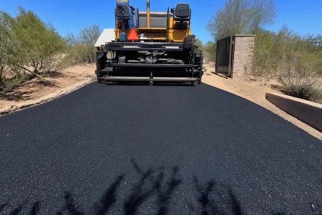 Paving machine laying black asphalt on a residential driveway in Goodyear, AZ.