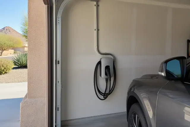 EV charger dedicated circuit installation with metal conduit on a drywalled interior wall in Mesa, AZ.