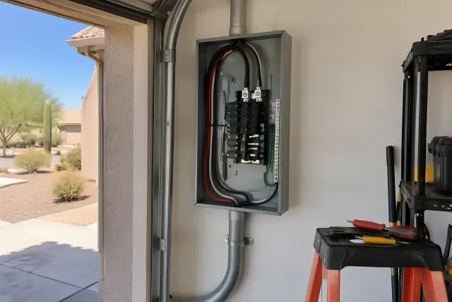 Residential garage interior in Mesa, AZ showing a 50-amp circuit breaker enclosure for an EV charger.