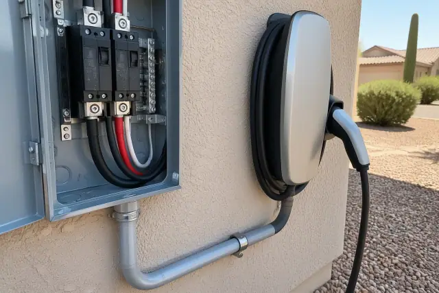 Heavy-gauge electrical wiring connected to a hardwired EV charger on a stucco wall in Mesa, AZ.