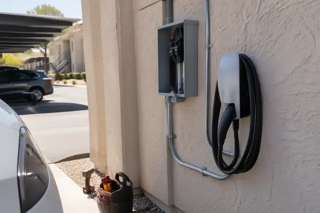 Hardwired EV charger installation on a stucco exterior wall in Mesa, AZ.