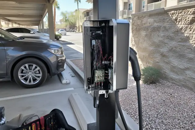 EV charger repair at an apartment carport with a split-face block wall in Mesa, AZ.