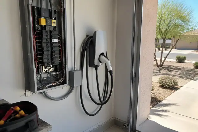 Technician working on EV charger panel upgrades inside a residential garage in Mesa, AZ.