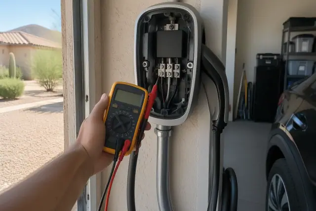 Technician using a multimeter for hardwired EV charger troubleshooting in a Mesa, AZ garage.