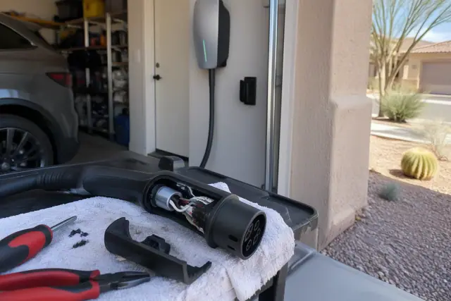 Technician repairing an EV charger cable in a residential garage in Mesa, AZ.