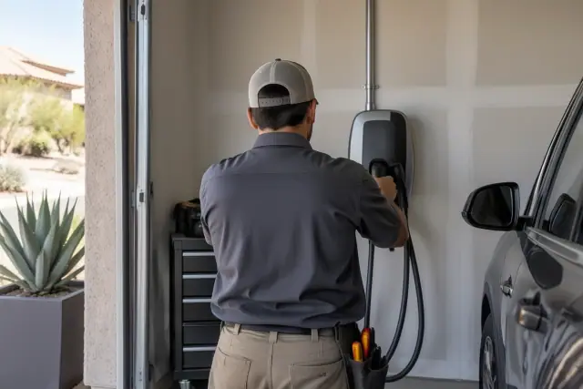 EV charger installation professional working inside a residential garage in Mesa, AZ.