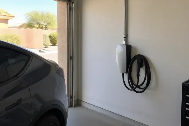Wall connector and EV charging cable mounted in a residential garage in Mesa, AZ.