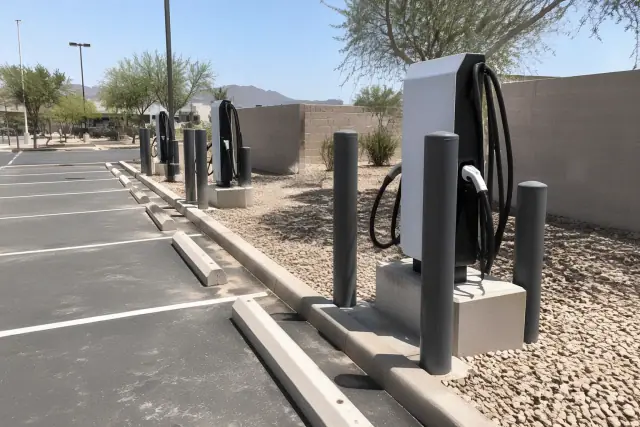 Commercial EV charger installation with concrete base and steel bollards in Mesa, AZ.