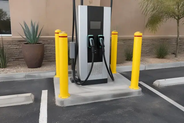 Commercial dual-port charging station on a concrete island in Mesa, AZ.