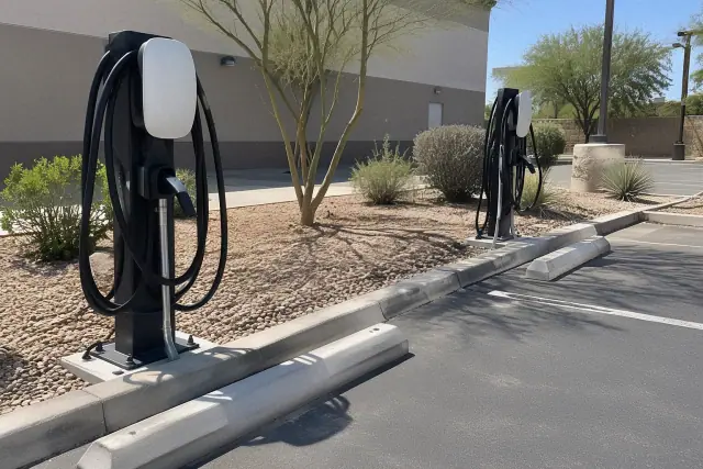 Dual EV charging stations installed in a commercial parking lot in Scottsdale, AZ.