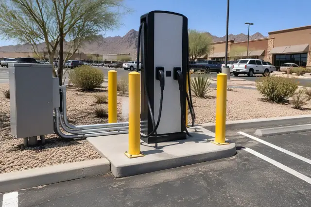 Commercial EV charger installation on a concrete island in Apache Junction, AZ.