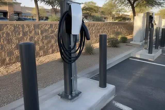 Commercial EV charger installed on a concrete island in a Mesa, AZ retail parking lot.