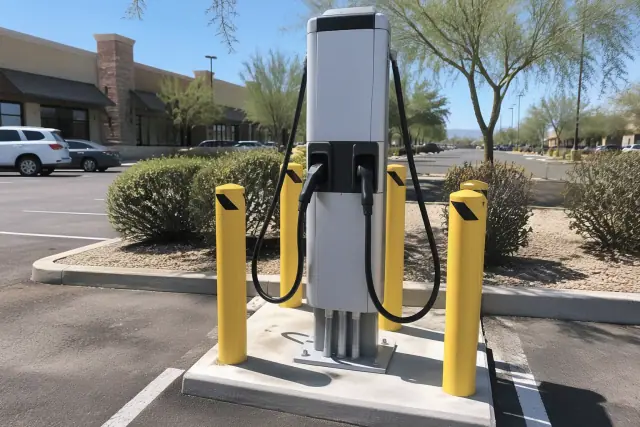 Commercial EV charger installation in a retail parking lot in Gilbert, AZ.