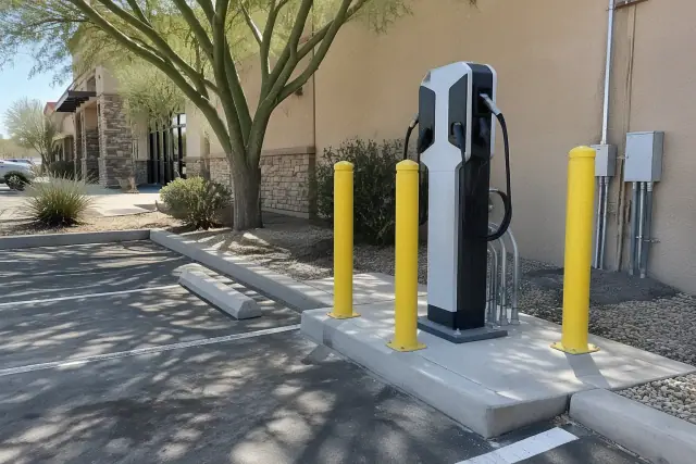Commercial EV charger installation with metal mounting hardware in Queen Creek, AZ.