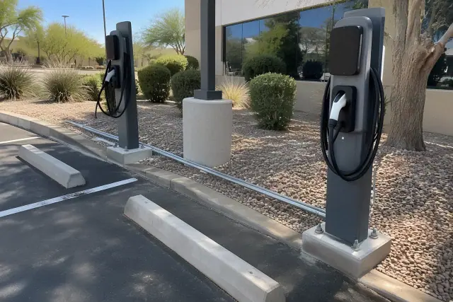 Commercial EV charger installation in a paved employee parking lot in Mesa, AZ.