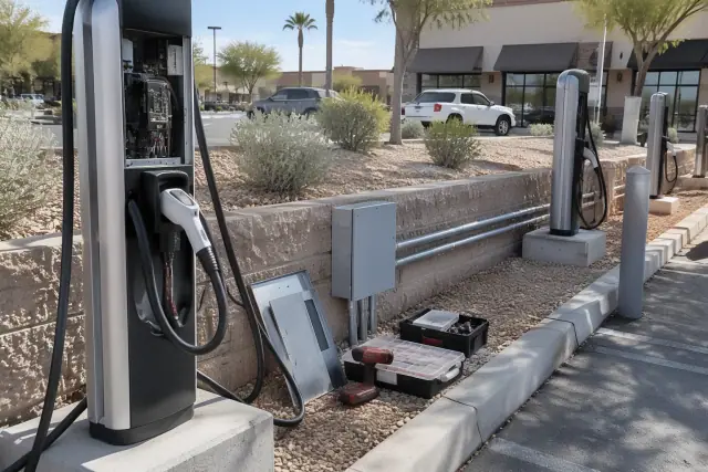Contractor photo of commercial EV charger installation at a retail strip mall in Mesa, AZ.
