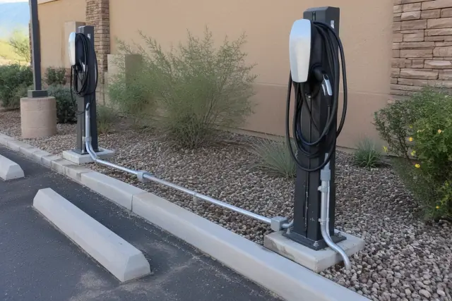 Commercial EV charger installation in a paved parking lot in Gold Canyon, AZ.