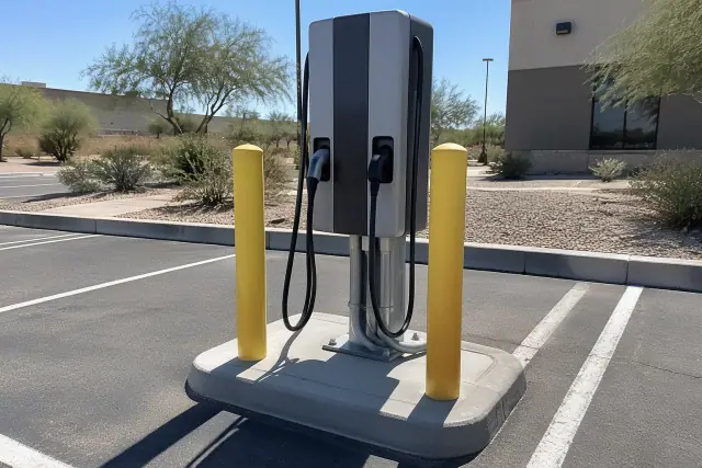 Dual-port commercial EV charger installed on a concrete island with yellow bollards in Tempe, AZ.
