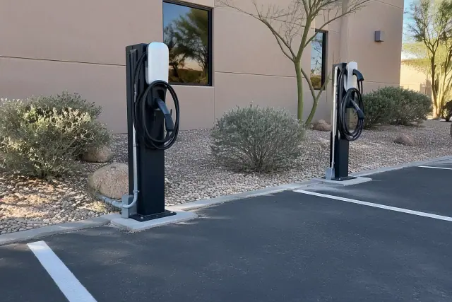 Heavy-duty pedestal commercial EV charger installation outdoors in Fountain Hills, AZ.