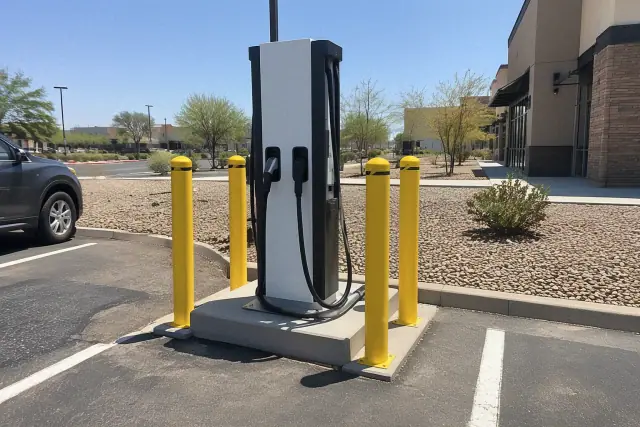 Dual-port EV charger installed on a concrete island with yellow bollards in Phoenix, AZ.