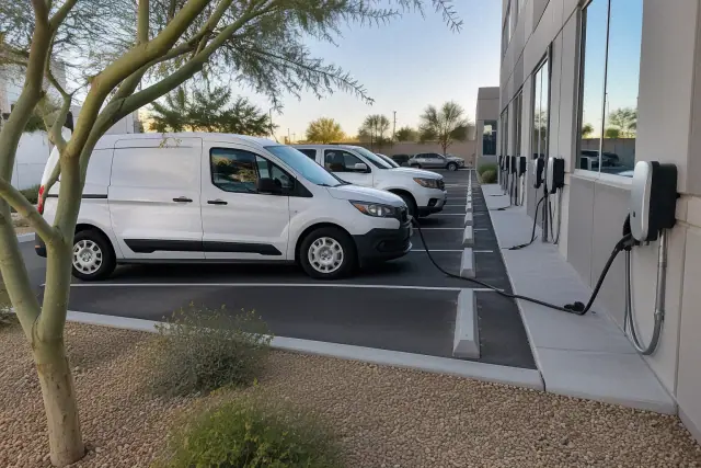 Wall-mounted commercial EV chargers in a Mesa, AZ office parking lot with a fleet van plugged in.