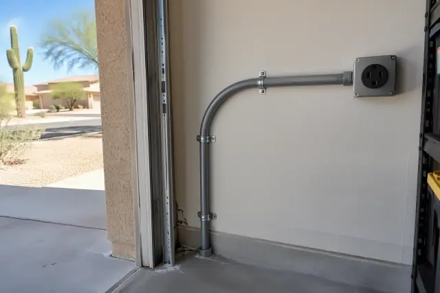 Electrical conduit installed along a garage wall for a NEMA 14-50 outlet in Mesa, AZ.