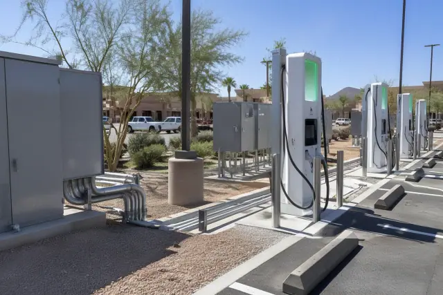 Commercial EV charger installation with heavy conduit in a Mesa, AZ parking lot.