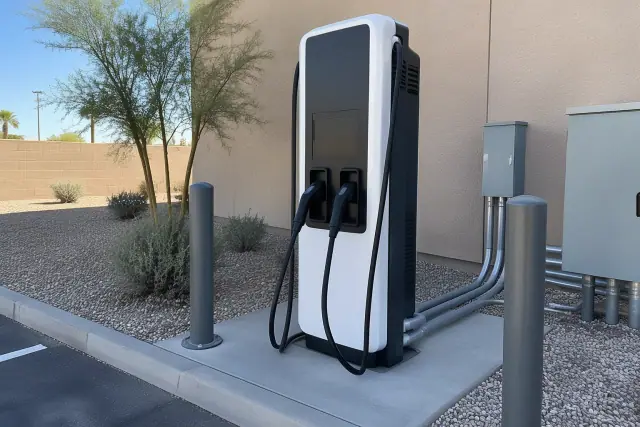 Completed DC fast charging station on a concrete pad with desert landscaping in Mesa, AZ.